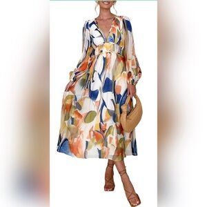 NWT • Flowy Long Sleeve Smocked Midi-Maxi Dress • Medium Watercolor+Multicolor🍉